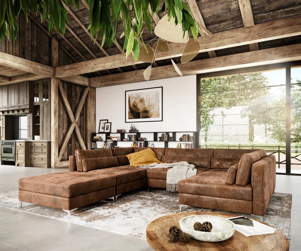 Pohovka Delife ve tvaru „U“ Elio 300×185 cm koženka vintage hnědá antik s taburetem