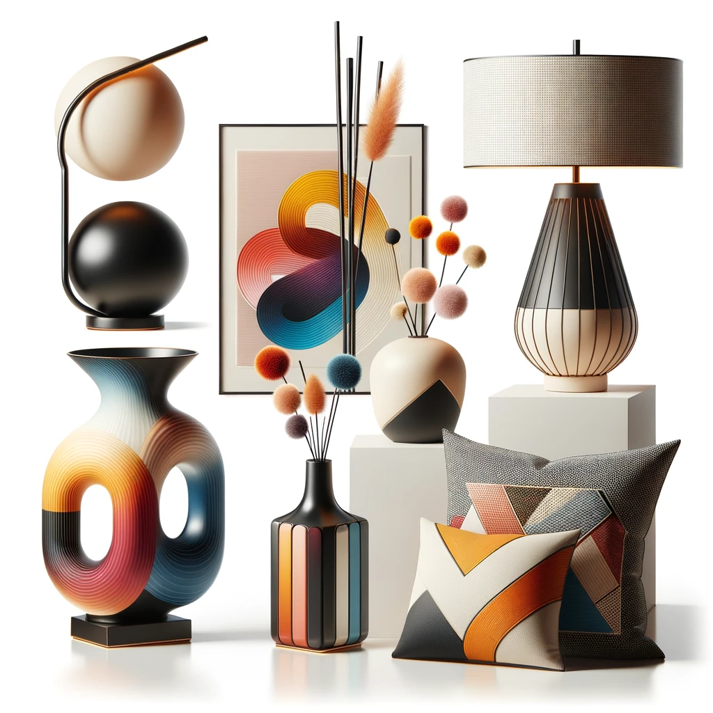 DALL·E 2024-02-02 23.12.57 - Create realistic images of modern eclectic style decorations, focusing on items that blend contemporary design with eclectic touches. These decoration