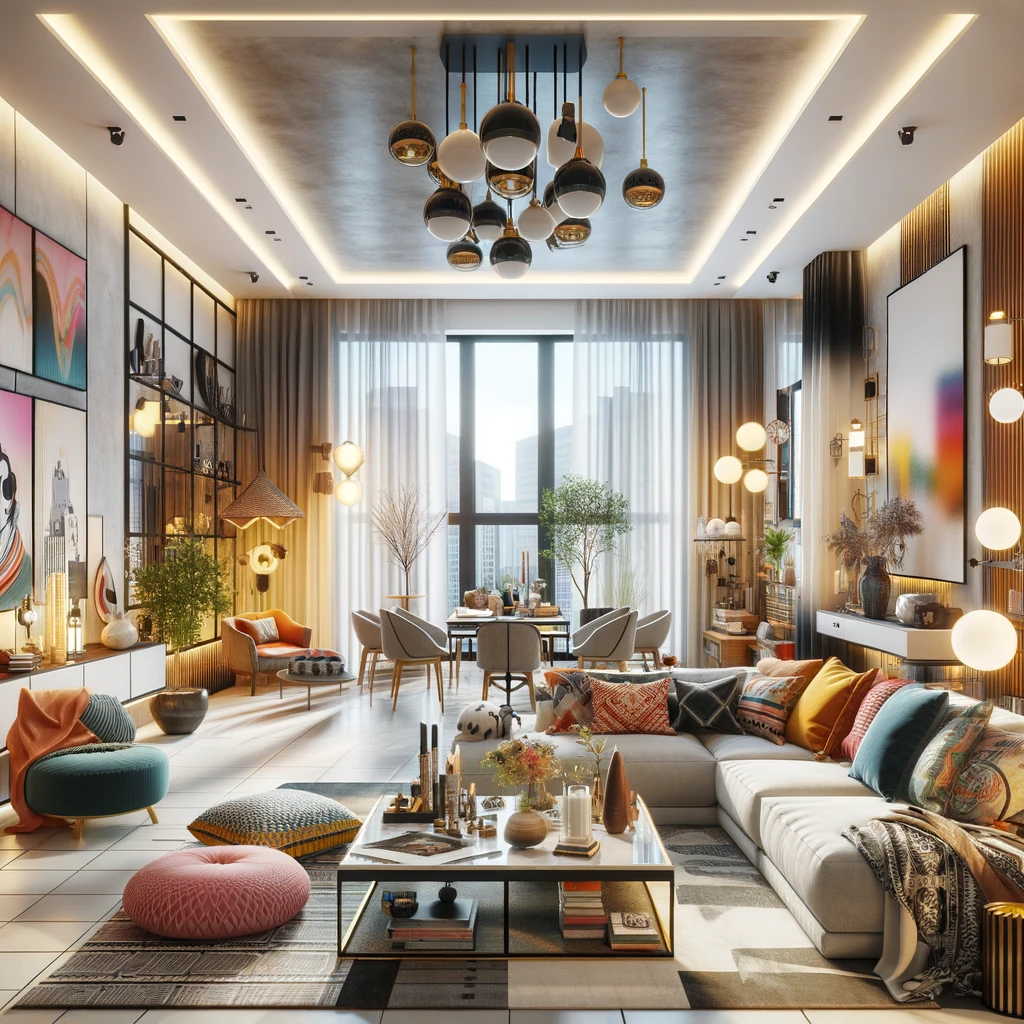 DALL·E 2024-02 - A modern eclectic interior design of an apartment, showcasing a contemporary mix of elements. The room should display a balanced combination of modern