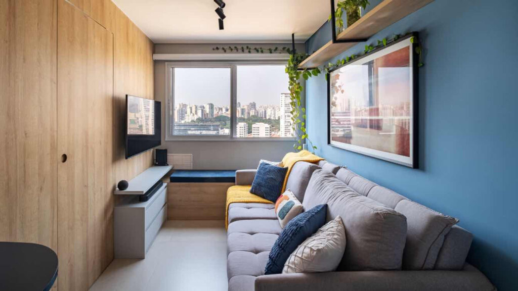 Inspirace malý byt, garsonka, moderní industriální styl, modrá barva