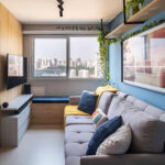 Inspirace malý byt, garsonka, moderní industriální styl, modrá barva