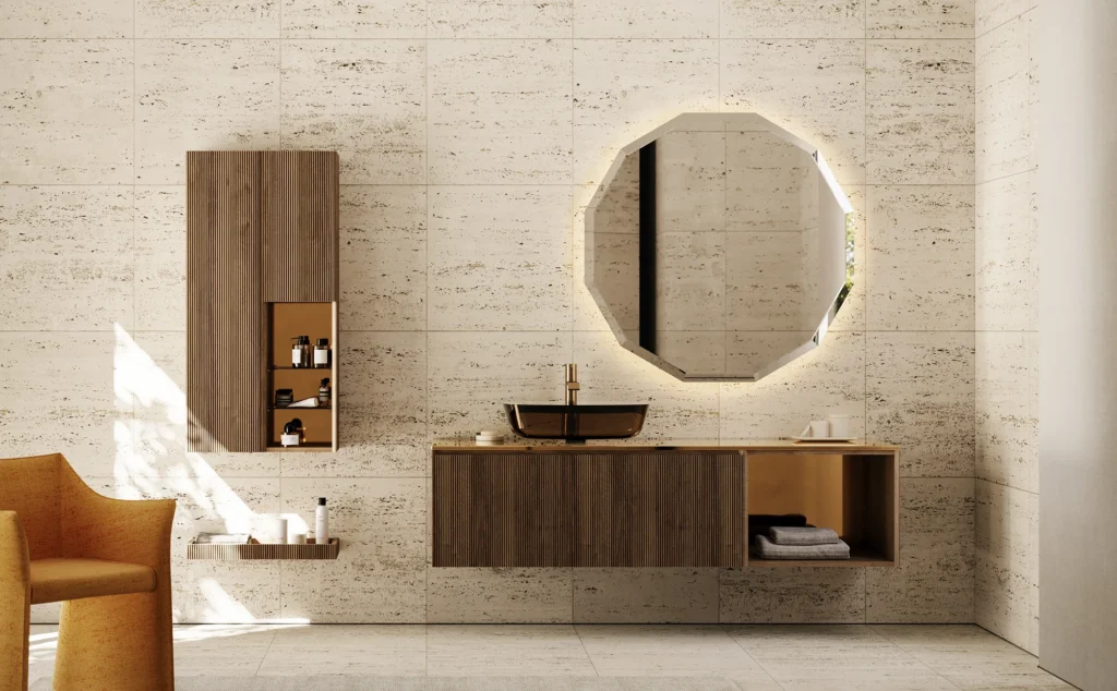 Designový luxusní koupelnový nábytek, vlnitý povrch, dřevo sklo