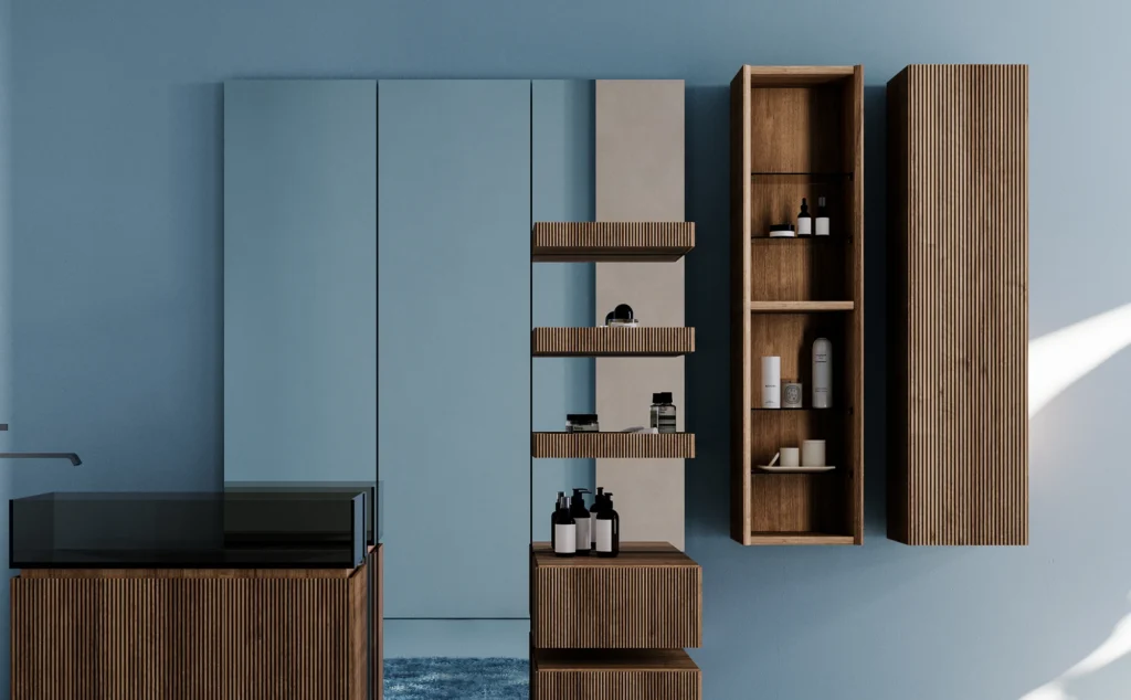 Designový luxusní koupelnový nábytek, vlnitý povrch, dřevo sklo