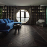 Obývací pokoj v zelených tónech s kruhovým otvorem ve zdi a pohovkou SVOYA Studio