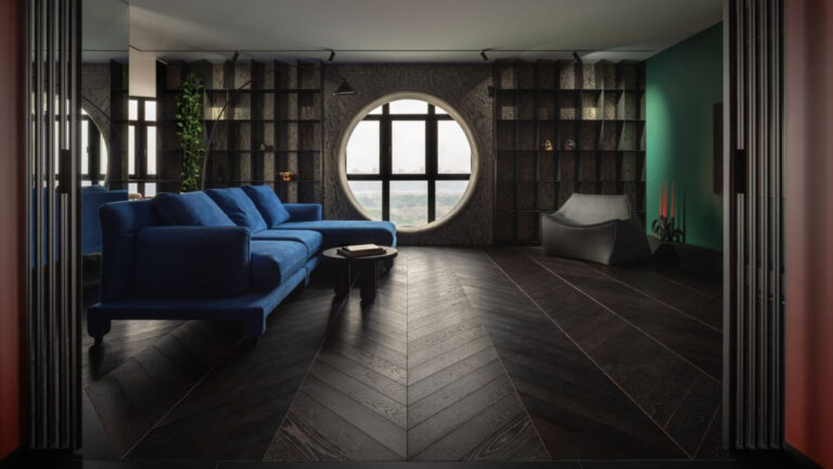 Obývací pokoj v zelených tónech s kruhovým otvorem ve zdi a pohovkou SVOYA Studio