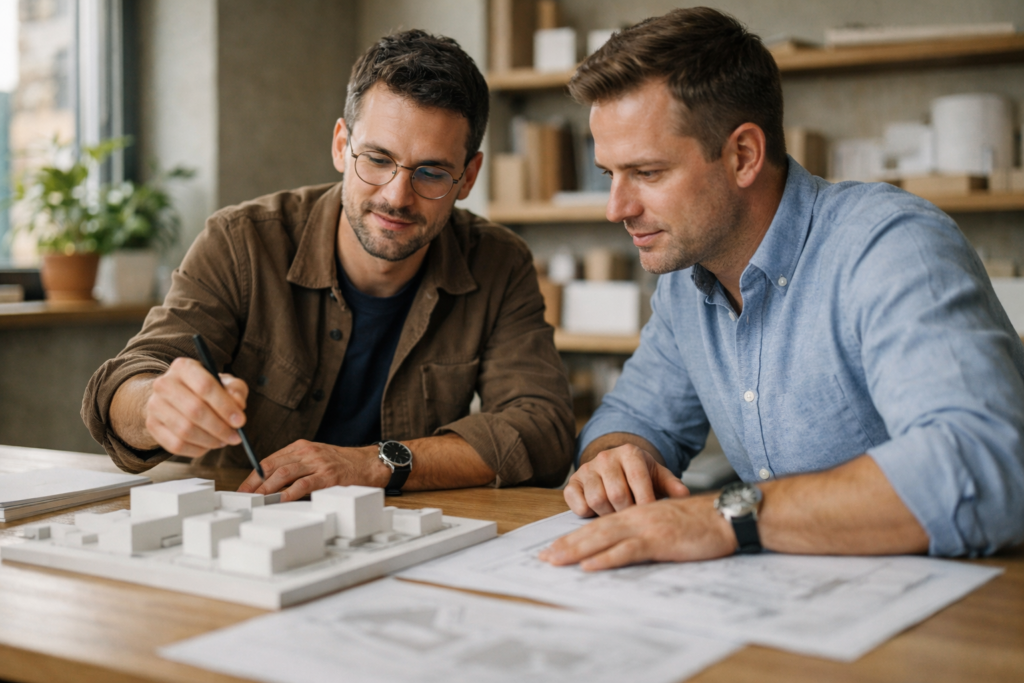 architekt konzultuje staub s projektantem